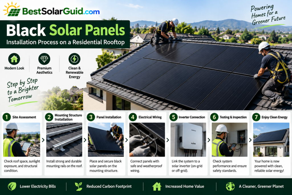 Technician installing black solar panels on a home rooftop