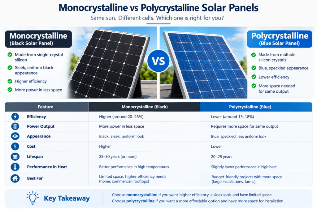 Comparison of black monocrystalline and blue polycrystalline solar panels