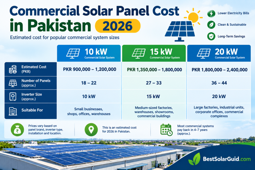 Commercial solar panel cost in Pakistan 2026 for 10 kW, 15 kW and 20 kW systems