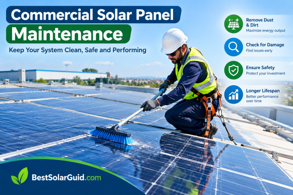 Technician cleaning and inspecting commercial solar panels for maintenance