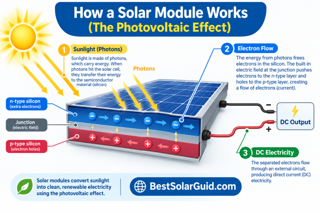 "Step-by-step diagram of how a solar module converts sunlight into electricity"