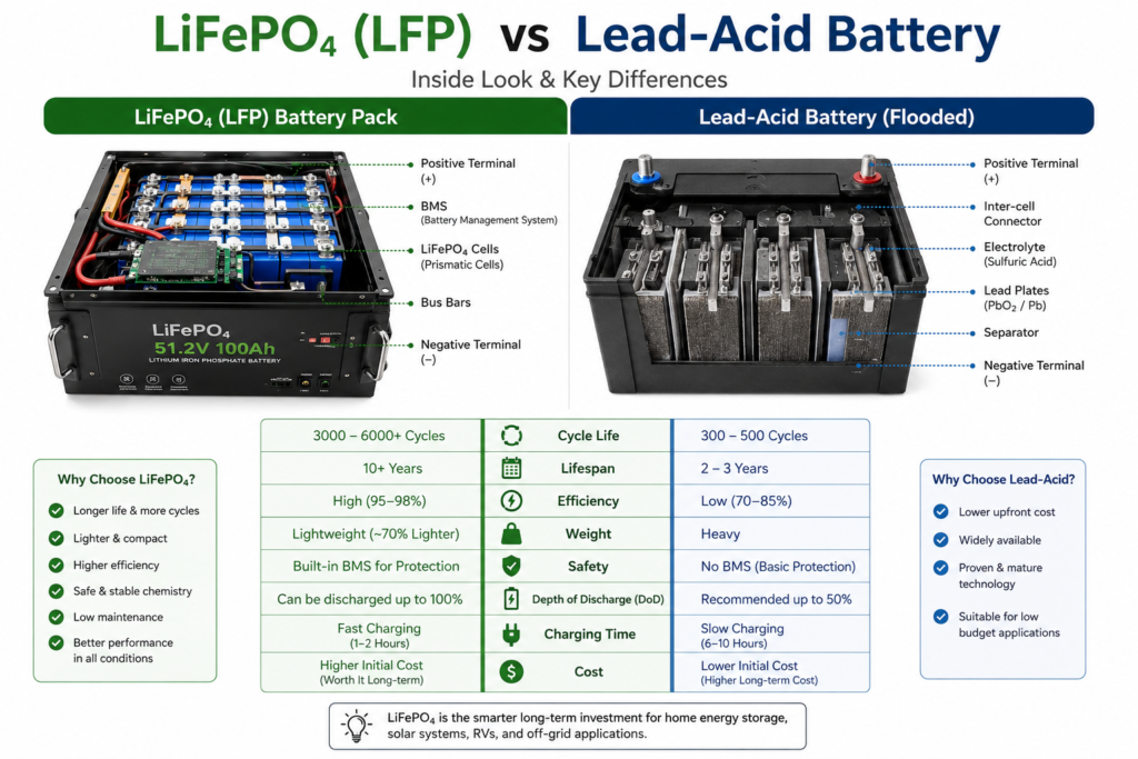 Diagram comparing LiFePO4 and NMC lithium cells used in 5kWh batteries"