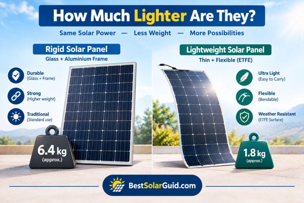 Comparison of a 1.8 kg lightweight solar panel and a 6.4 kg rigid solar panel