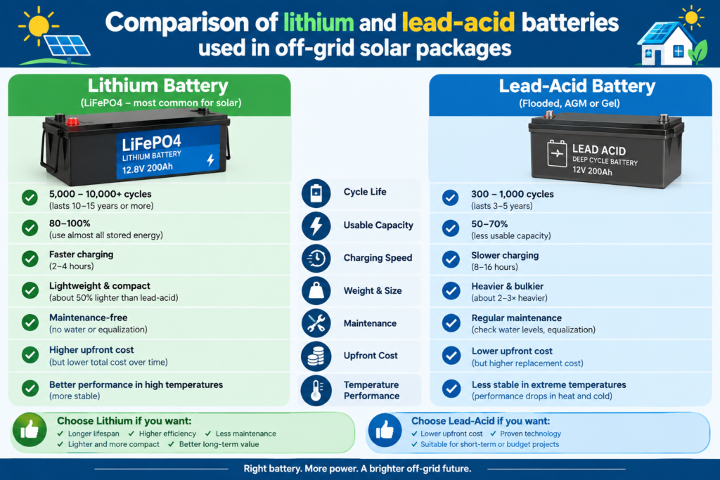 Comparison of lithium and lead-acid batteries used in off-grid solar packages