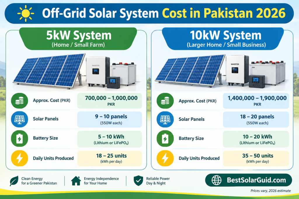 Infographic comparing 5kW and 10kW off-grid solar system cost in Pakistan in PKR