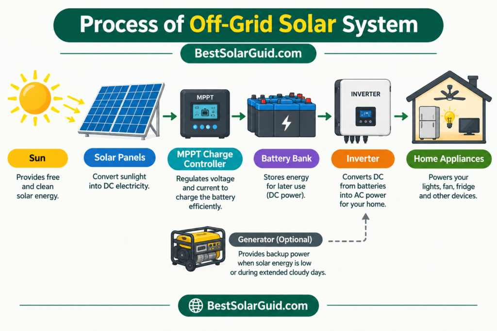 Diagram showing how solar panels, charge controller, battery and inverter work together in an off-grid solar system