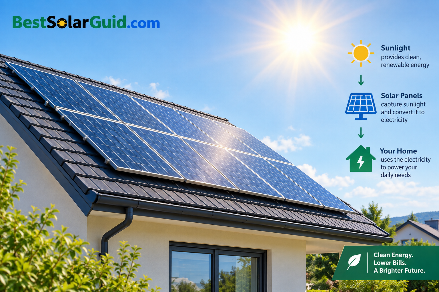 "Rows of residential solar panels on a rooftop generating electricity in direct sunlight"