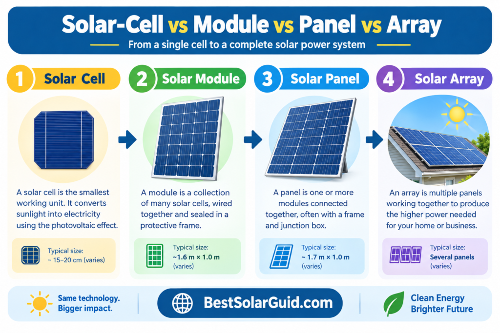 "Diagram comparing solar cell, solar module, solar panel, and solar array"