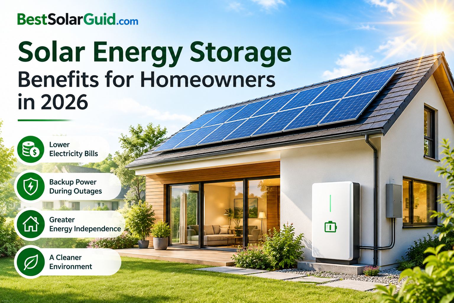 Solar energy storage system with rooftop solar panels and home battery for homeowners in 2026