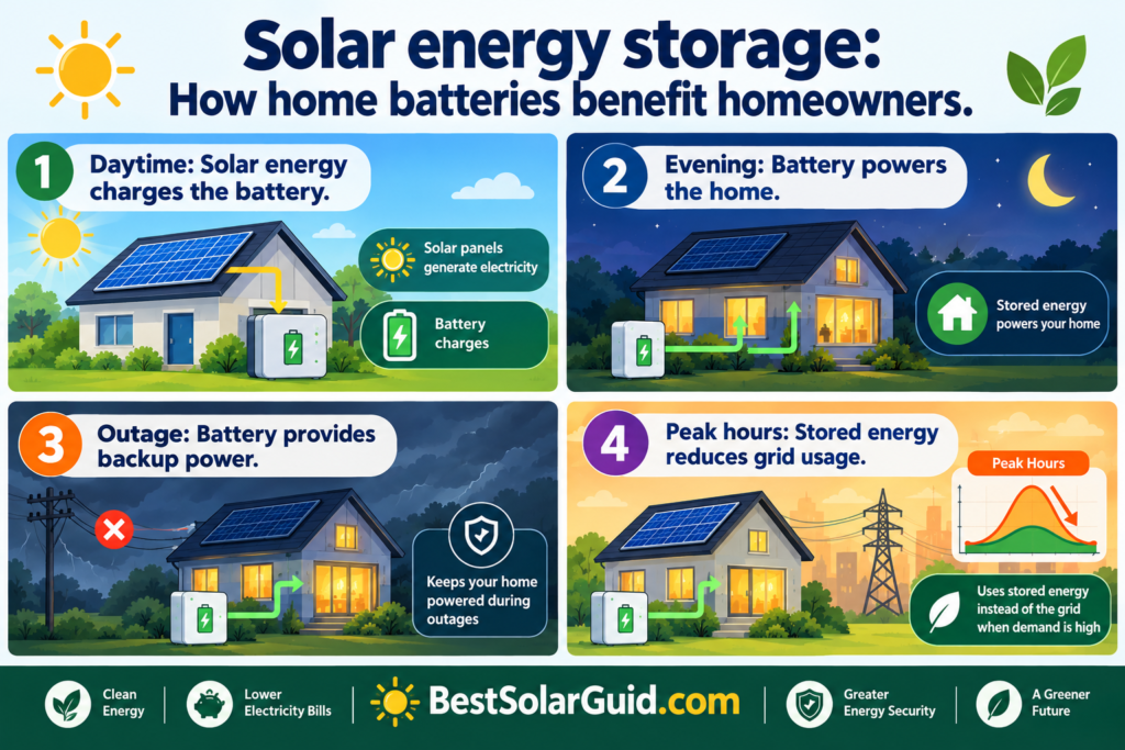 Solar panels charging a home battery to provide backup power and reduce electricity costs