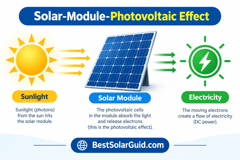 "Illustration of sunlight hitting a solar module to generate electricity"