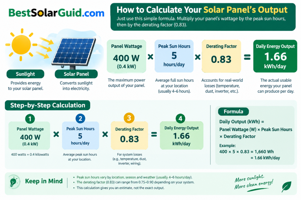 "Diagram showing how peak sun hours and panel wattage combine to calculate daily solar energy output"