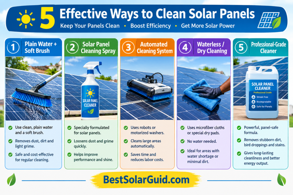 Types of solar panel cleaner solutions including water, sprays, robotic and waterless cleaning