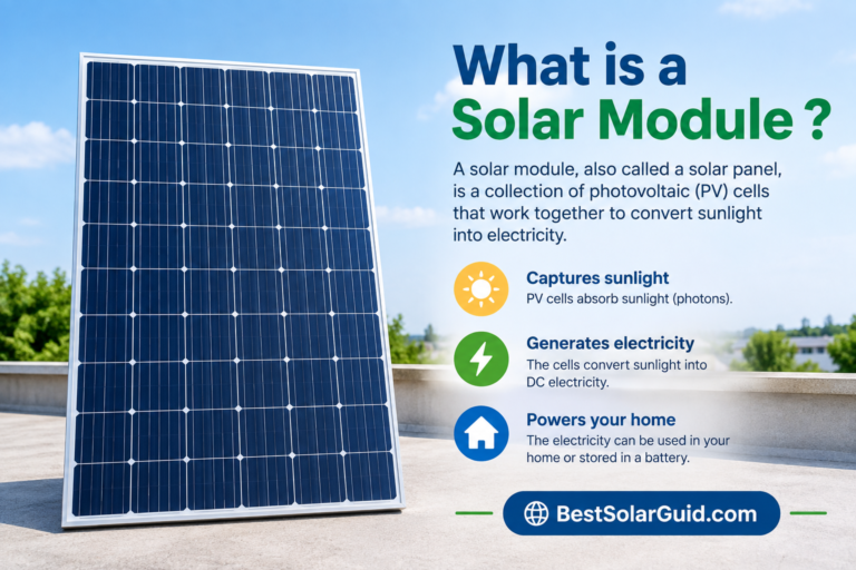 "What is a solar module — diagram showing solar cells, glass, and frame"