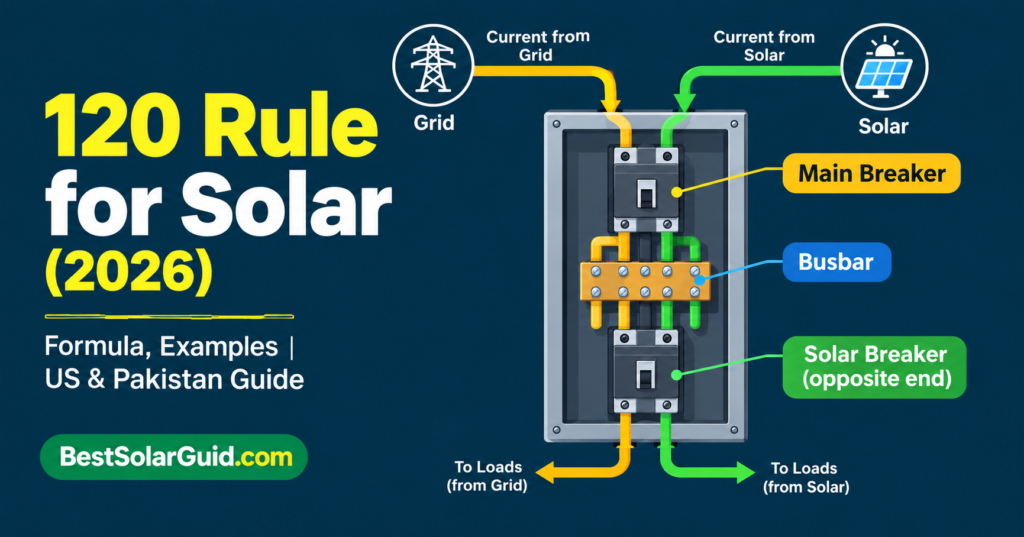 Diagram showing main breaker and solar backfeed breaker at opposite ends of a panel busbar under the 120 rule