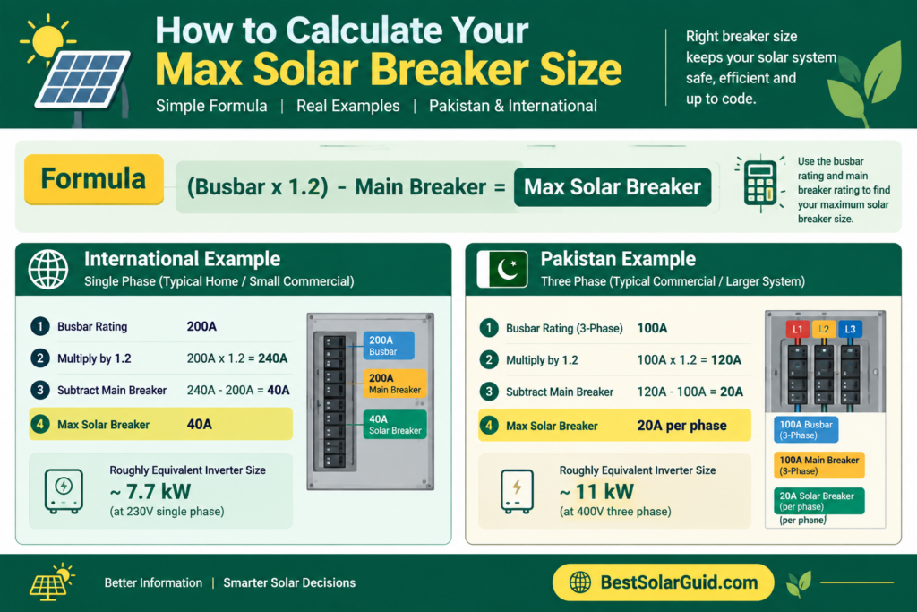120 rule for solar formula with 200A US panel example and 100A three-phase Pakistan DB example