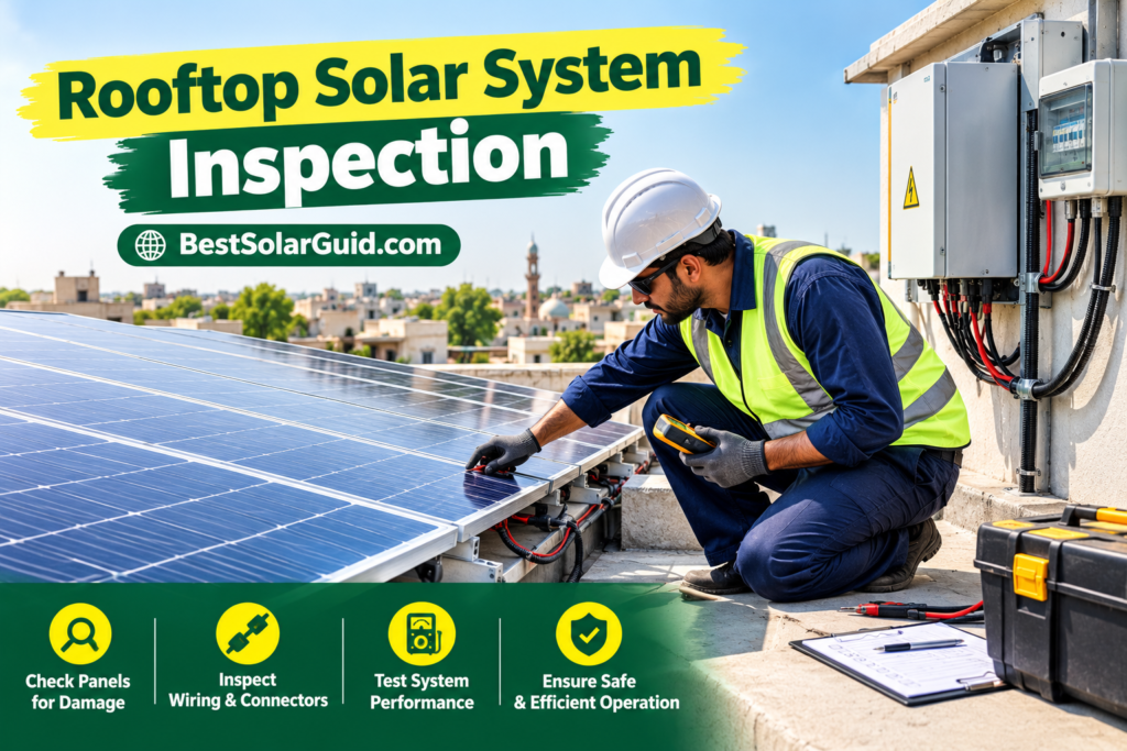 Technician inspecting rooftop solar panels and electrical connections