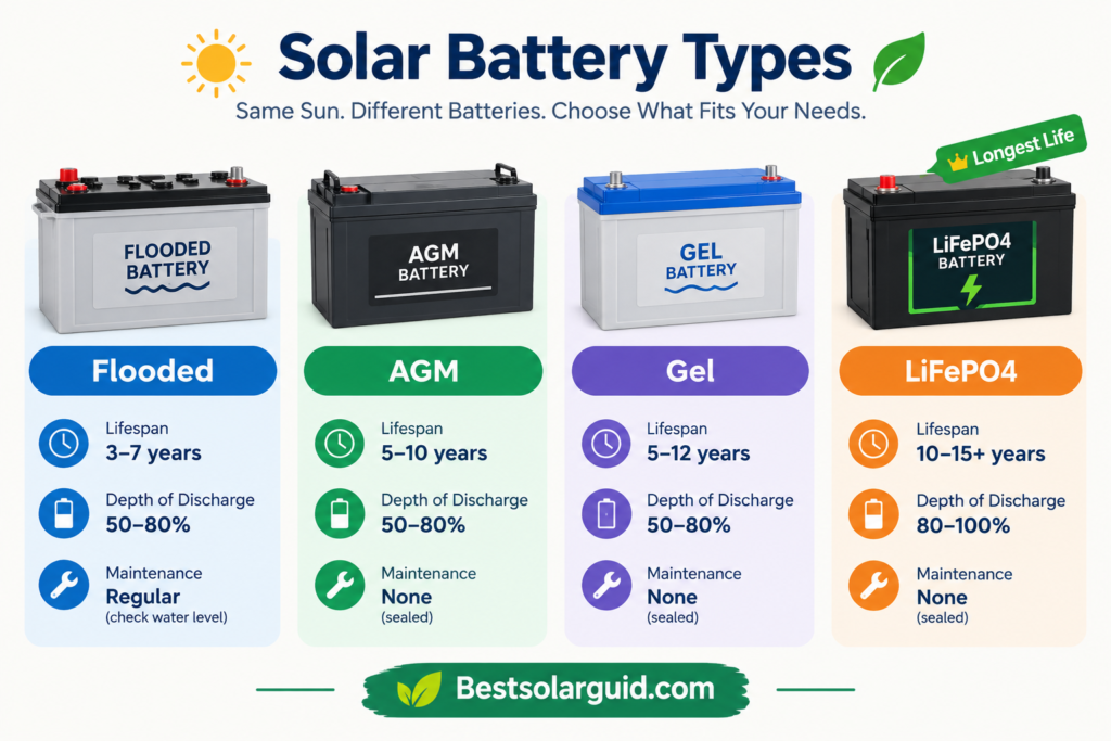 Comparison of flooded, AGM, gel and lithium deep cycle batteries for solar