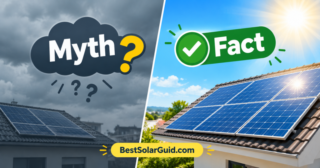 Myths about solar debunked, rooftop solar panels with myth vs fact graphic