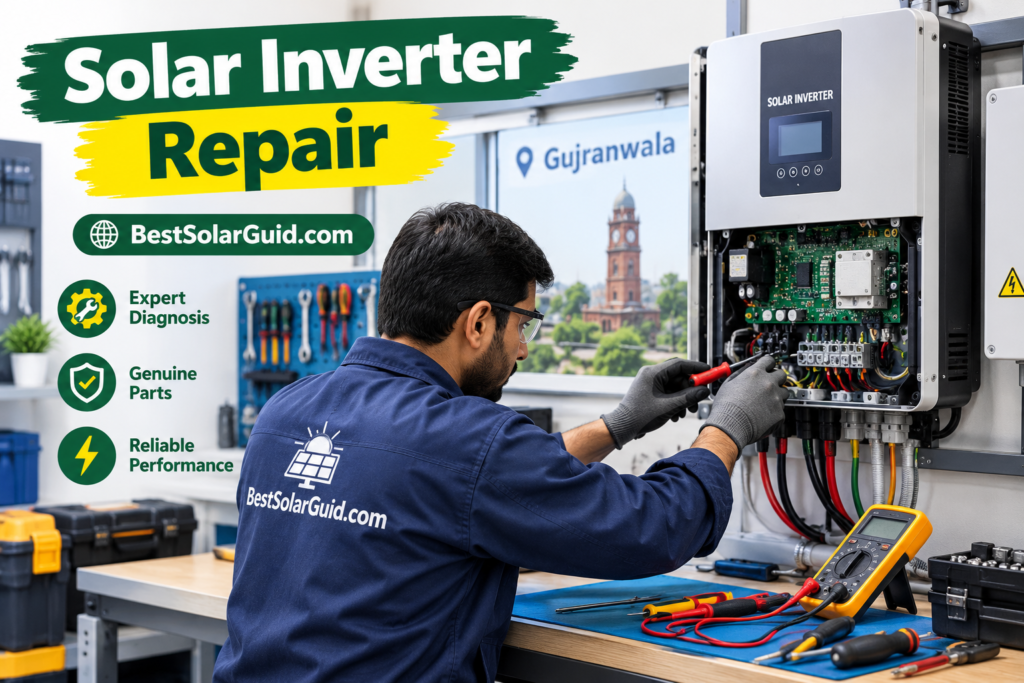 Technician inspecting a solar inverter during repair in Gujranwala